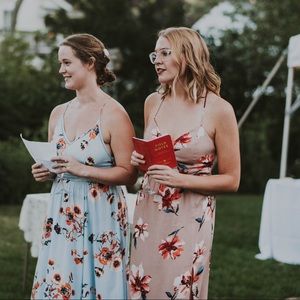 pink floral full length dress w/ deep side slit